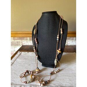 Handcrafted Boho Beaded Necklace With Leather Cord Natural Colors Wood